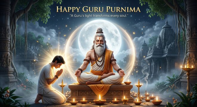 A young disciple bows in reverence to a meditating guru under a full moon, with oil lamps and ancient temple ruins creating a sacred ambiance for Guru Purnima