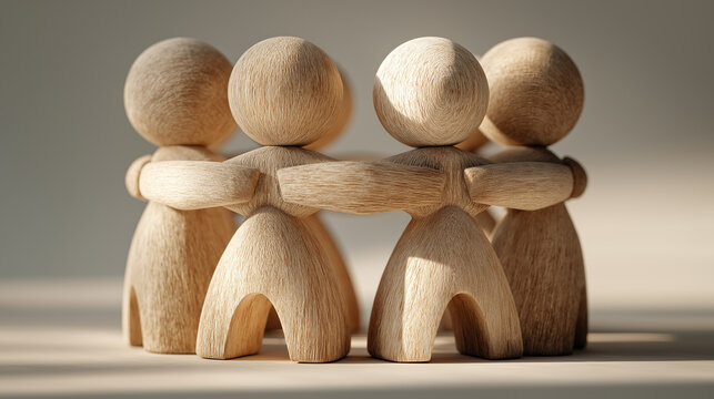 Diverse wooden figures forming close supportive circle symbolizing unity teamwork inclusion community trust belonging equality and social connection