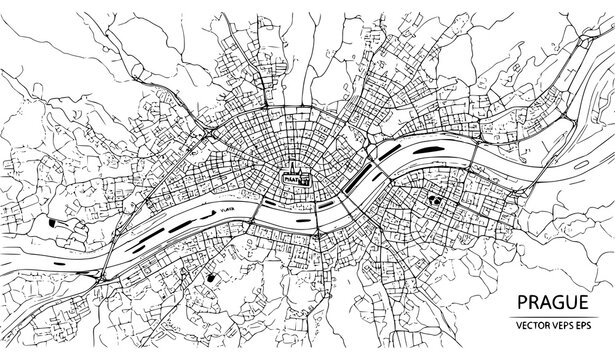 Minimal Prague City Plan Vector Black and White with Organized Editable Layers