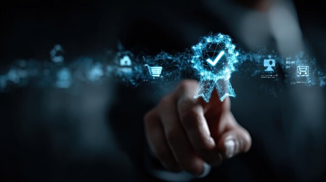 Embrace the digital age with this cutting-edge image, showcasing a hand interacting with a glowing digital badge of quality. ..Created with Generative AI, not depicting real subjects.
