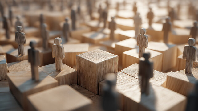 Wooden human figures standing on uneven cube distribution concept representing inequality resource disparity social hierarchy unequal access privilege and structural imbalance