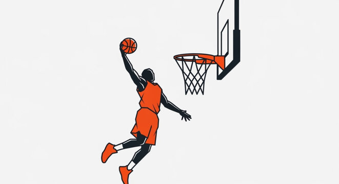 Man in orange uniform jumping to dunk basketball into hoop with orange rim and black backboard on white background