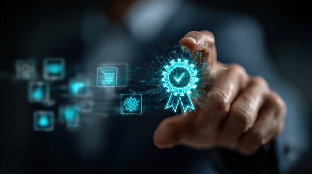 A close-up shot of a professional hand activating a glowing certification icon. ..Created with Generative AI, not depicting real subjects.