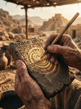 Hands Carving Glowing Cuneiform Symbols on Clay Tablet