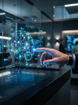 Futuristic AI Brain Interface with Holographic Data Network