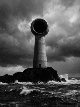Monolithic Concrete Lighthouse Above Stormy Sea in Black and White