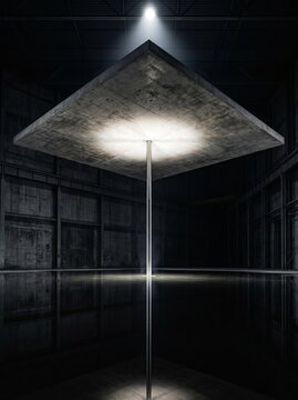 Illuminated Concrete Canopy in Dark Industrial Hall