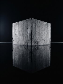 Concrete Cube Reflection in Darkness. Minimal brutalist form