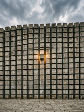 Brutalist Concrete Wall Grid with Single Glowing Opening