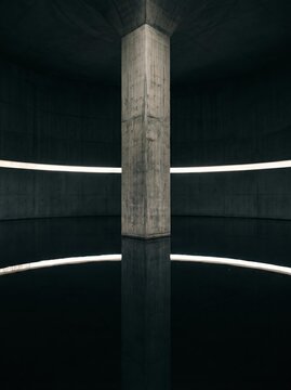 Minimal Concrete Pillar in Circular Chamber with Light Ring