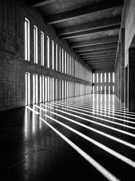 Sunlit Brutalist Hall with Dramatic Linear Shadows