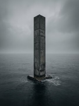 Solitary Concrete Monolith Rising from Calm Gray Sea