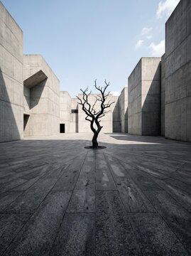 Lone Black Tree in Minimal Brutalist Concrete Courtyard