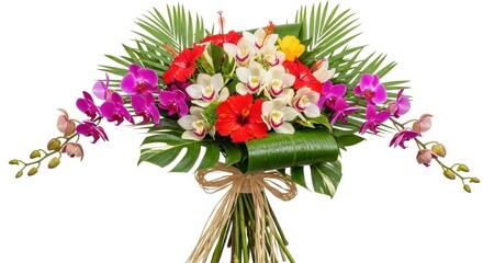 Obraz premium Tropical flower bouquet with orchids and hibiscus, exotic floral arrangement with palm leaves, vibrant summer blossoms on white background