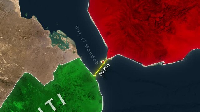 Bab el-Mandeb Strait Narrow Point Map Zoom Animation on Red Sea and Gulf of Aden