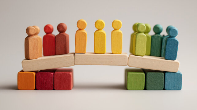 Colorful Wooden Figures Standing on Bridge Made of Blocks Teamwork Connection Collaboration Support Unity Concept Vibrant Abstract Stock Illustration