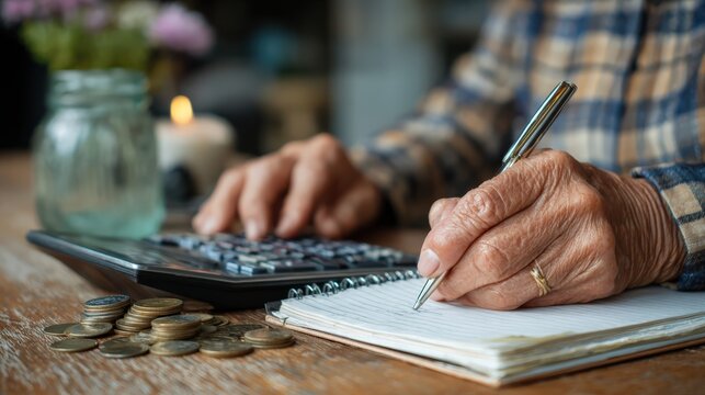 Hands carefully navigating a calculator and penning notes, symbolizing financial planning, retirement, or accountancy. ..Created with Generative AI, not depicting real subjects.