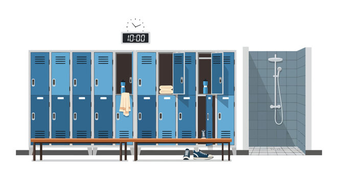 Blue gym lockers and shower stall with clock