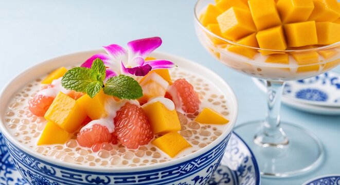 Chinese mango pomelo sago dessert with coconut milk, mango cubes, and pomelo