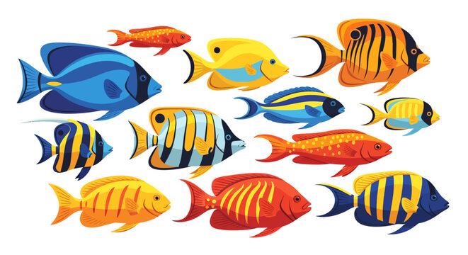 A vibrant collection of colorful, illustrated tropical marine fish swimming together.
