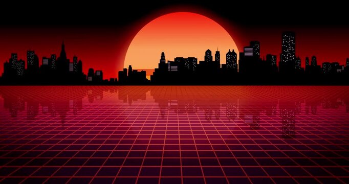 retro neon sunset skyline city 80s vaporwave scifi abstract background music sci fi futurism