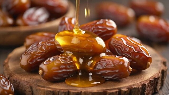 Sweet Indulgence: A close-up shot of dates drizzled with a rich, golden syrup, highlighting the textures and colors of this sweet treat. Generative AI.
