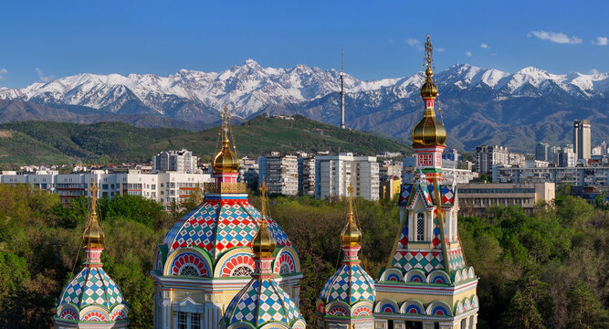 Quadcopter view of the Orthodox wooden Ascension Cathedral built in 1907 in the Kazakh city of Almaty
