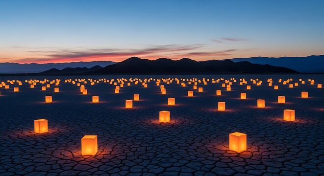 Vast, cracked desert plain at dusk dotted with glowing, orange paper lanterns. Mountains in background