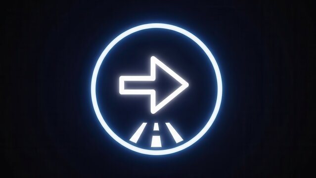 Vibrant neon arrow icon with road markings indicating digital navigation and progressive future path
