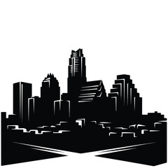 Fototapeta premium Austin skyline vector silhouette featuring iconic tall buildings and modern skyscrapers with intersecting roads in striking black outline design