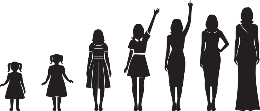 Silhouette set of female characters showing growth from child to adult woman.