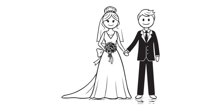 Wedding couple line drawing of bride and groom holding hands in attire.
