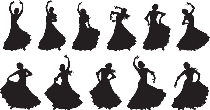 Silhouettes of flamenco dancers in flowing dresses on a transparent background.