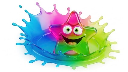 Fototapeta premium Joyful multicolored star character splashing in a rainbow of vivid liquid hues