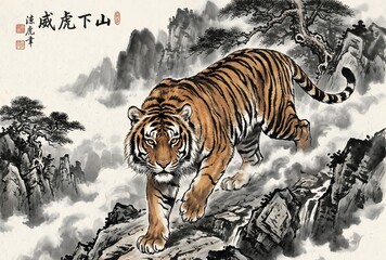 Obraz premium Powerful Chinese ink wash painting of a majestic tiger descending a mountain slope, fierce piercing eyes rendered with precise detail, fur texture created through masterful dry-brush technique.