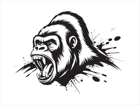 Black and white illustration of an angry gorilla head silhouette vector isolated on white