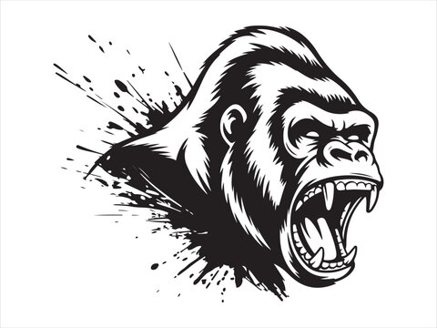 Black and white illustration of an angry gorilla head silhouette vector isolated on white