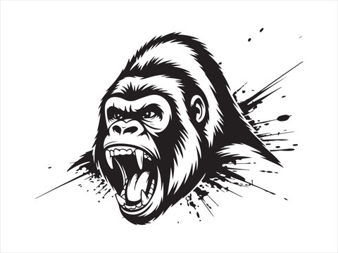 Black and white illustration of an angry gorilla head silhouette vector isolated on white