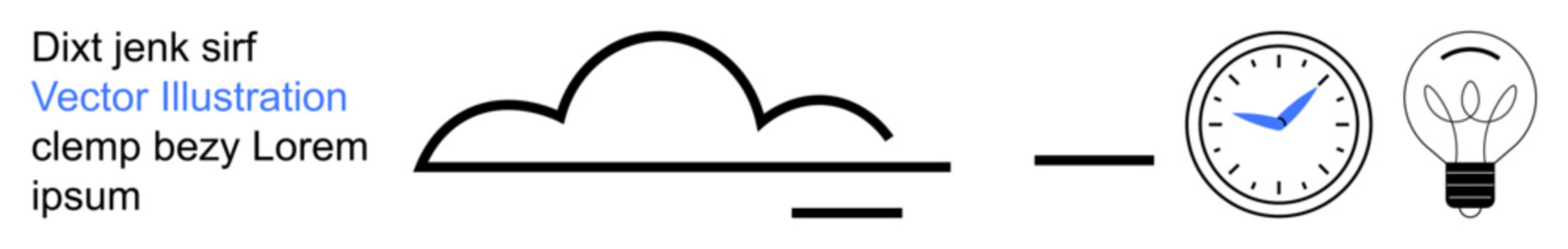 Education, creativity, time management, innovation, brainstorming, technology. Black outlined cloud, clock with blue checkmark and light bulb. Creativity and time management concept