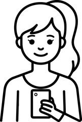 Fototapeta premium Hand Drawn Woman Using Smartphone Black and White Illustration in Minimal Line Art Style Design