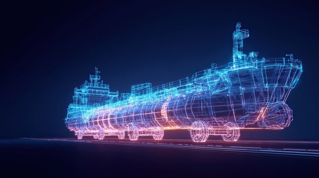 An artistic visualization of a futuristic cargo ship, radiating with vibrant neon light, sails across a digital landscape. ..Created with Generative AI, not depicting real subjects.