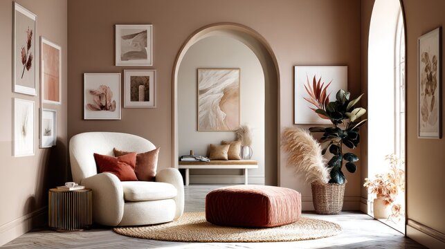 Contemporary living space features neutral tones and curated artwork creating a serene atmosphere