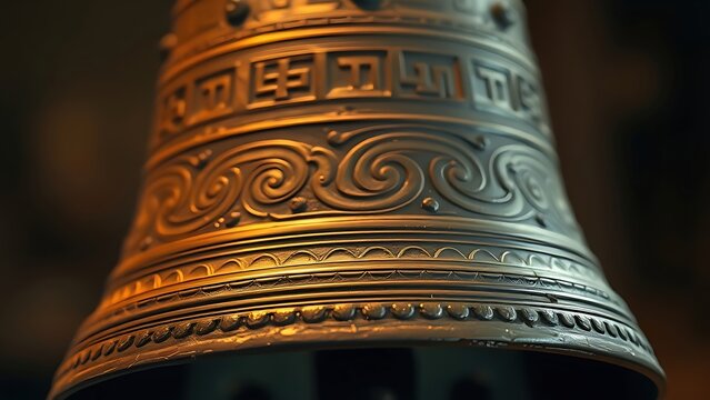 oganesson. Ancient bronze bell with detailed texture and visible ripples in the air. event programs, museum guides, designed for cultural heritage projects and event programs, preserves heritage.