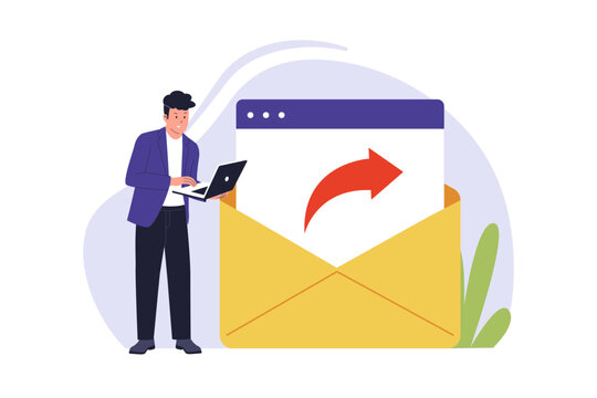 Illustration of Forwarding Email Message to New Recipient. An illustration of a man standing next to a large envelope with a forward arrow, representing sharing information via digital mail