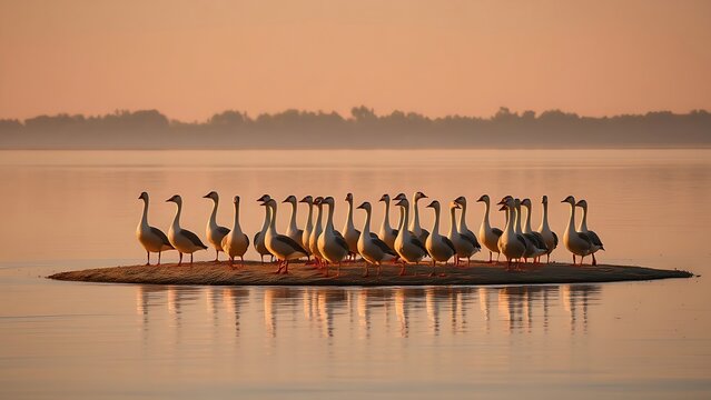plausible. A flock of geese resting on a sandbar in a lake during golden hour. wildlife magazines, conservation campaigns, designed for eco-tourism storytelling, promotes animal welfare.
