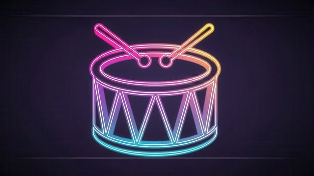 Vibrant neon drum icon with drumsticks creating a dynamic musical illumination for digital media