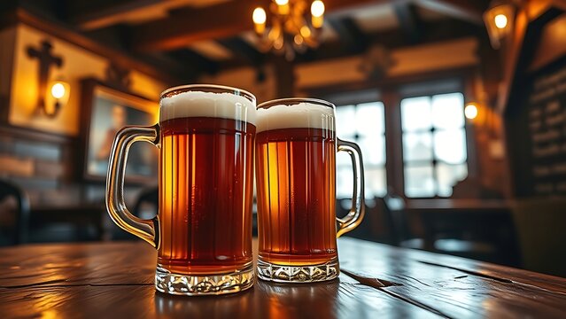 mediocrity. Cozy traditional alehouse interior with wooden table and two tankards of amber beer. bar promotions, beverage menus, designed for food & beverage menus and cafe branding.