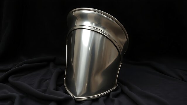 thigh. A polished steel thigh armor piece displayed on dark velvet cloth. product launch decks, UI/UX mockups, designed for product launches and innovation pitches, used by financial analysts.