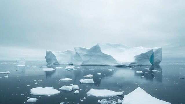 cronyism. A massive iceberg floating in a calm polar sea surrounded by smaller ice pieces. ESG reports, sustainability campaigns, designed for sustainability communications and ESG reporting.
