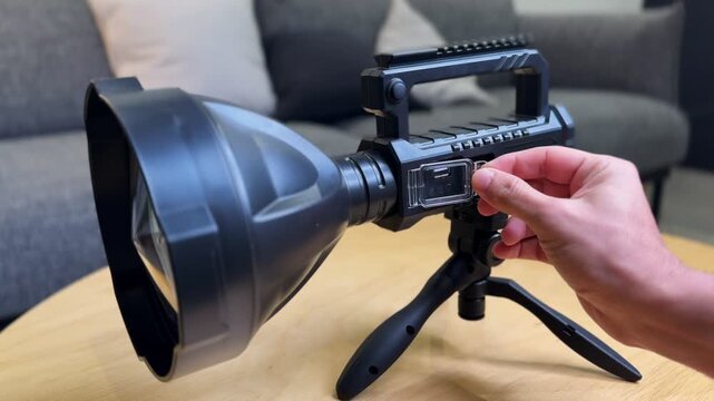Close-up of a portable rechargeable flashlight on a mini tripod as a hand adjusts the side port cover on a wooden table indoors, with a soft living room background and shallow focus.